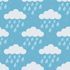 Blue sky with clouds and raindrops falling on it. The raindrops are falling in a pattern