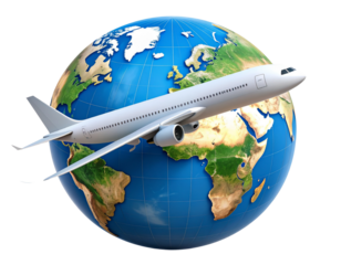 Airplane Flying Over Globe – Global Travel Concept PNG, isolated on a transparent background