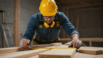 Carpenter measuring wood, construction site