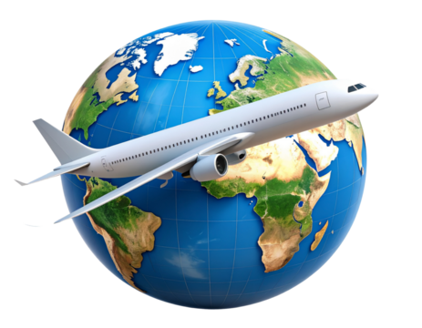 Airplane Flying Over Globe – Global Travel Concept PNG, isolated on a transparent background