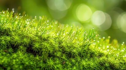 Oregon forest moss macro photography with morning dew droplets on emerald green bryophyte carpet, natural bokeh lighting effects and sporophyte structures