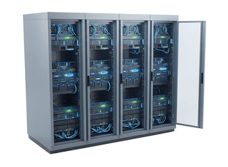 Modern data center server rack isolated on transparent background