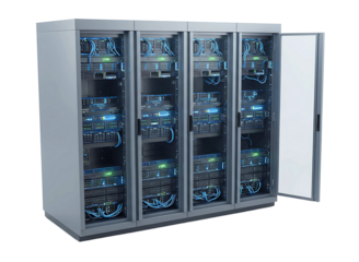 Modern data center server rack isolated on transparent background