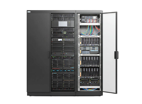 Modern data center server rack isolated on transparent background