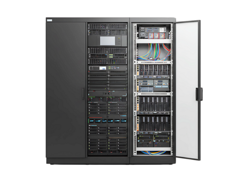 Modern data center server rack isolated on transparent background
