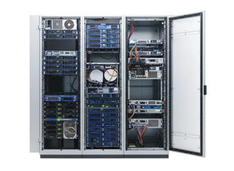 Modern data center server rack isolated on transparent background