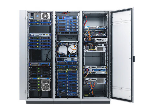 Modern data center server rack isolated on transparent background - Powered by Adobe