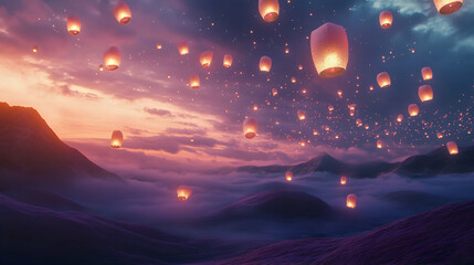 Hundreds of glowing lanterns float across a dusky sky above a misty mountain range, creating a magical and serene atmosphere. The warm sunset 