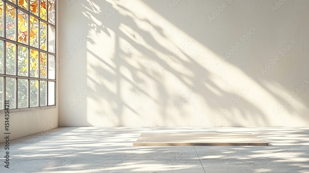 Poster sunlit empty room with large rectangular mirror