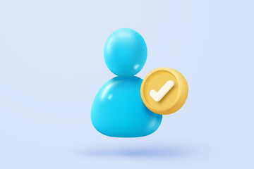 3d user profile icon or social avatar signs and business communication staff person. Identity verification success with checkmark. 3d round account manager button icon vector render illustration