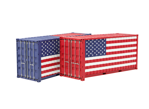Two shipping containers with usa flag isolated on transparent background