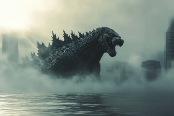Mysterious Godzilla emerges in urban landscape shrouded in fog during ominous sunset