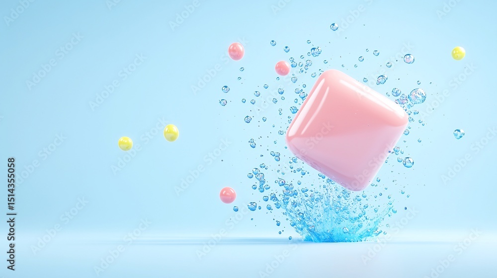 Poster abstract 3d render of pastel pink cube exploding into blue and yellow particles on light blue backgr