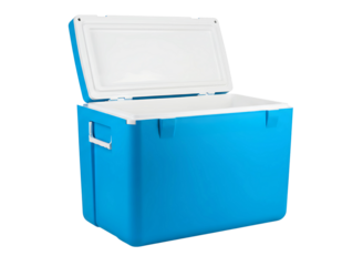 Blue plastic cooler box open isolated on transparent background