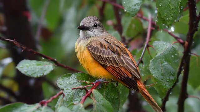 Small bird with orange and brown feathers perched wet green leaves after rain showing natural beauty