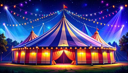 Illustration shows a grand circus tent illuminated by festive lights. Gorgeous colors, striped patterns create inviting atmosphere of fun. Night scene, magic show, amusement park concept.