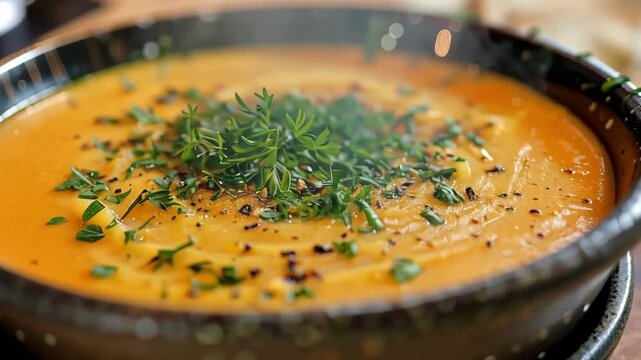 A bowl of creamy butternut squash soup, beautifully garnished with fresh herbs and a sprinkle of spices, ready to warm your palate. Perfect for autumn or winter meals.