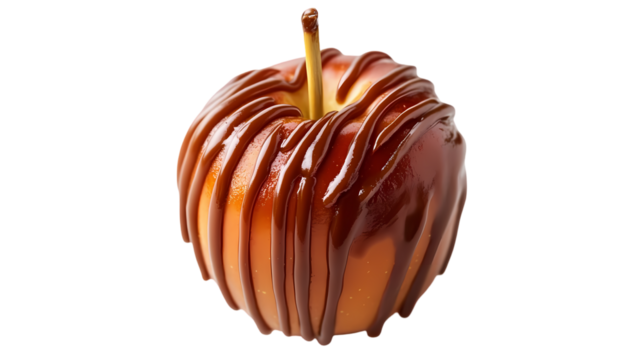 Close up of a caramel apple with chocolate drizzle  in a studio setting isolated on transparent background