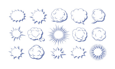 A Modern vector-style collection of comic book speech and explosion bubbles,  Include a variety of bold, dynamic shapes such as jagged bursts, starbursts, smoke clouds, easily editable
