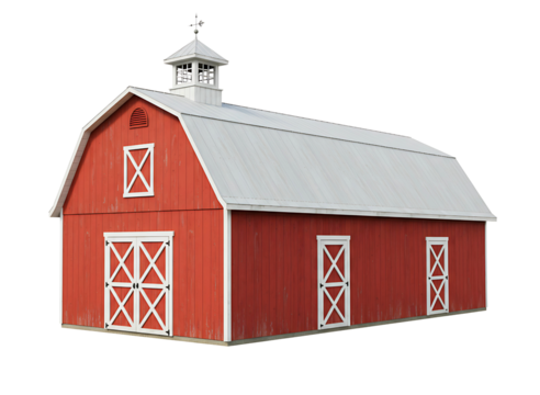Classic red barn with gable roof isolated on transparent background