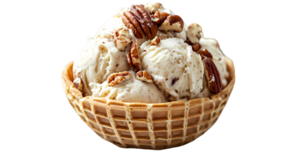 A waffle bowl filled with ice cream and pecans   in a studio setting isolated on transparent background