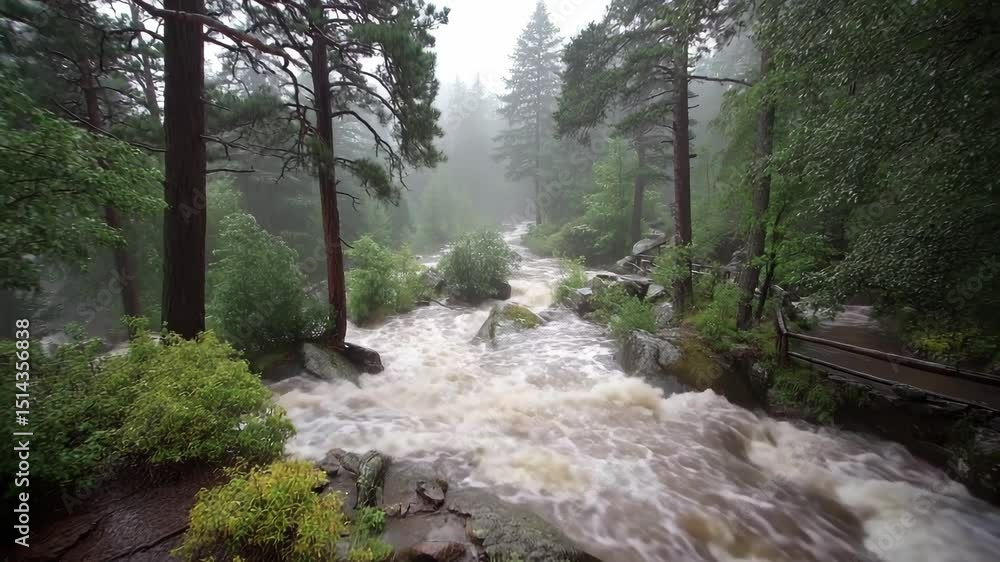Poster rushing river and stream flowing through misty forest with tall trees and water flowing