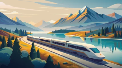 Keuken spatwand met foto Beige Mountain landscape with a train by a lake under a vast sky, reflecting the serene nature and travel through the European Alps  © Mark devil