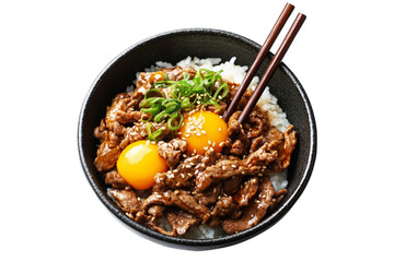 Fototapeta premium Japanese Gyudon beef rice bowl with raw egg yolk, sliced meat, green onions, and chopsticks, in ceramic bowl isolated on white transparent background, concept of Asian cuisine
