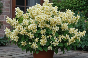 Beautiful Lonicera periclymenum Graham Thomas blooming in a garden setting during summer, showcasing vibrant yellow flowers surrounded by lush green foliage