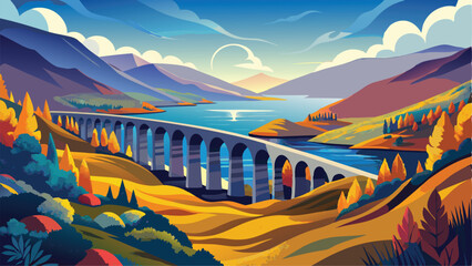 Scenic summer landscape featuring a bridge over a calm river or lake, reflecting the green forest and majestic mountains under the sky © Nayeem Sheikh