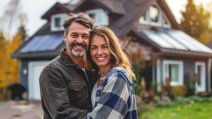 Naklejka premium A happy couple stands in front of their new house, smiling and radiating happiness.