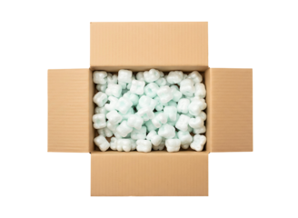 Open cardboard box filled with packing peanuts isolated on transparent background