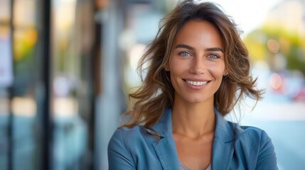 Obraz premium A radiant woman with a bright smile exudes confidence in a soft, naturally lit portrait.
