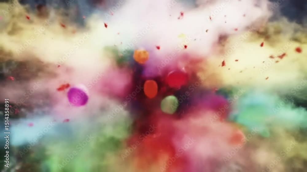 Poster exploding colorful powder with balloons in slow motion video