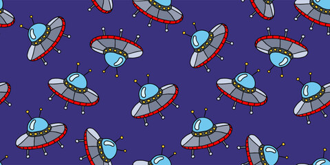 cartoon ufo spaceship seamles pattern print design kids drawing style vector illustration