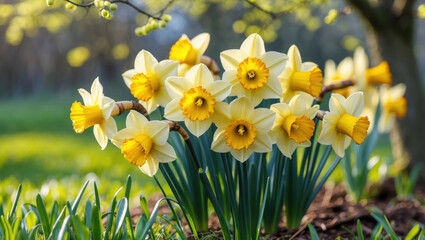 White-yellow daffodils growing in soil. Spring garden flowers with budding branches and sunlight