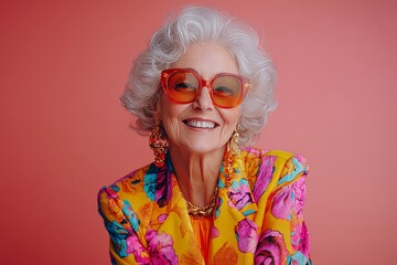 Happy senior woman in colorful neon outfit, funny sunglasses and extravagant style, laughing and smiling, trendy grandma posing in studio