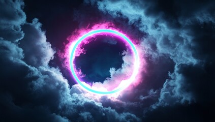 Obraz premium Neon Pink and Blue Circle Glowing in Dark Night Clouds