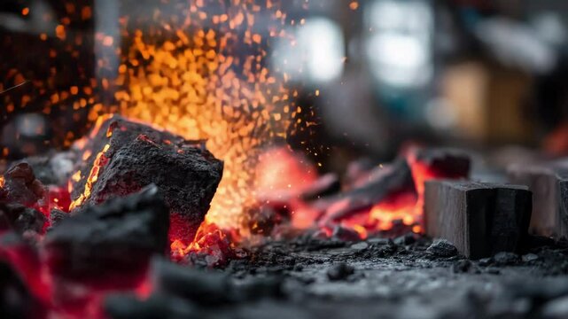 Burning charcoal with glowing embers and sparks flying dark fire creating heat and warm ember glow