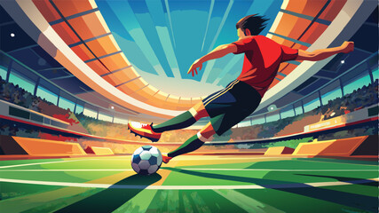An athletic soccer player in action, kicking a football on a green field during a competitive game, a dynamic sport illustration or silhouette
