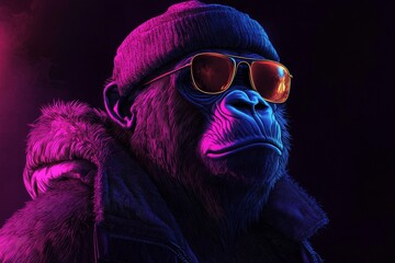 Neon portrait of gorilla rapper, gangsta monkey character. Generative AI