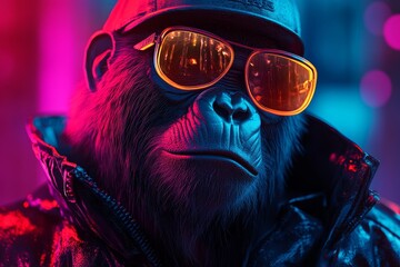 Neon portrait of gorilla rapper, gangsta monkey character. Generative AI