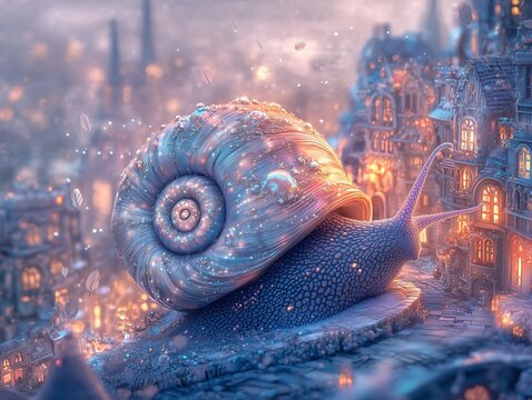 Dreamy Giant Snail in a Tiny Pastel City