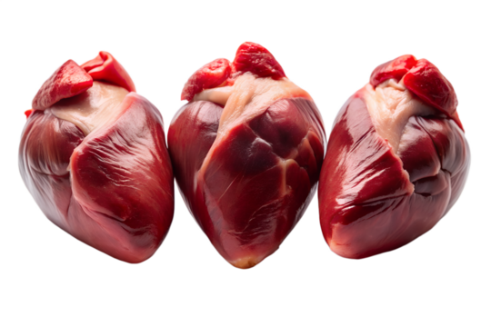 Three Raw Chicken Hearts A Close-Up View of Fresh Poultry Meat for Culinary Use