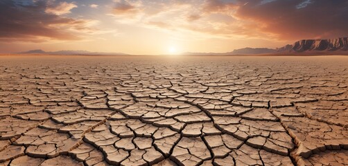 Cracked arid ground reflects the warm light of a sunset, creating an evocative, desolate scene.