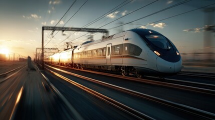 Fototapeta premium Fast-moving train traveling through a bustling city at night with bright lights creating a lively urban scene
