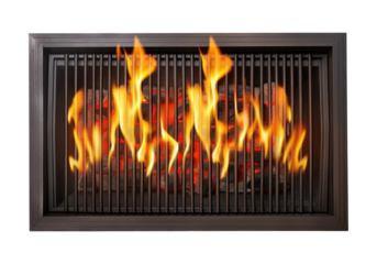 Rectangular barbecue grill with orange flames rising through metal grate, isolated on transparent background