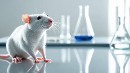 White laboratory rat standing alert. Pink earstail, test tubes and beakers with chemicals in blurred background. Medical animal testing concept