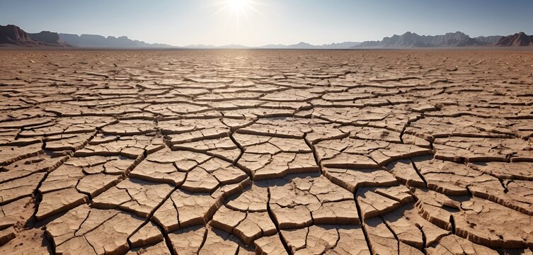 Cracked dry earth stretches to the horizon beneath the sun, conveying desolation and aridity.