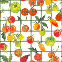 Trendy seamless summer pattern featuring colorful tomatoes on a checkered background, painted in vibrant acrylic style. This playful tropical-inspired design is perfect for fashion, fabric, textiles